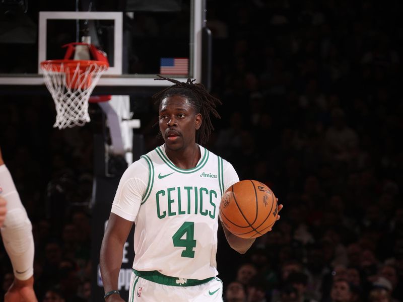 NEW YORK, NY - APRIL 8:  Jrue Holiday #4 of the Boston Celtics handles the ball during the game against the New York Knicks on April 8, 2025 at Madison Square Garden in New York City, New York.  NOTE TO USER: User expressly acknowledges and agrees that, by downloading and or using this photograph, User is consenting to the terms and conditions of the Getty Images License Agreement. Mandatory Copyright Notice: Copyright 2025 NBAE  (Photo by Nathaniel S. Butler/NBAE via Getty Images)