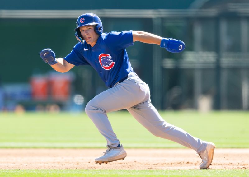 Mar 13, 2026; Phoenix, Arizona, USA; Chicago Cubs outfielder Kane Kepley against the Chicago White Sox during a spring training game at Camelback Ranch-Glendale. Mandatory Credit: Mark J. Rebilas-Imagn Images