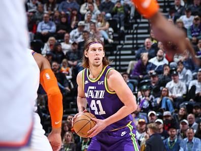 SALT LAKE CITY, UT - DECEMBER 13:  Kelly Olynyk #41 of the Utah Jazz handles the ball during the game  on December 13, 2023 at vivint.SmartHome Arena in Salt Lake City, Utah. NOTE TO USER: User expressly acknowledges and agrees that, by downloading and or using this Photograph, User is consenting to the terms and conditions of the Getty Images License Agreement. Mandatory Copyright Notice: Copyright 2023 NBAE (Photo by Melissa Majchrzak/NBAE via Getty Images)