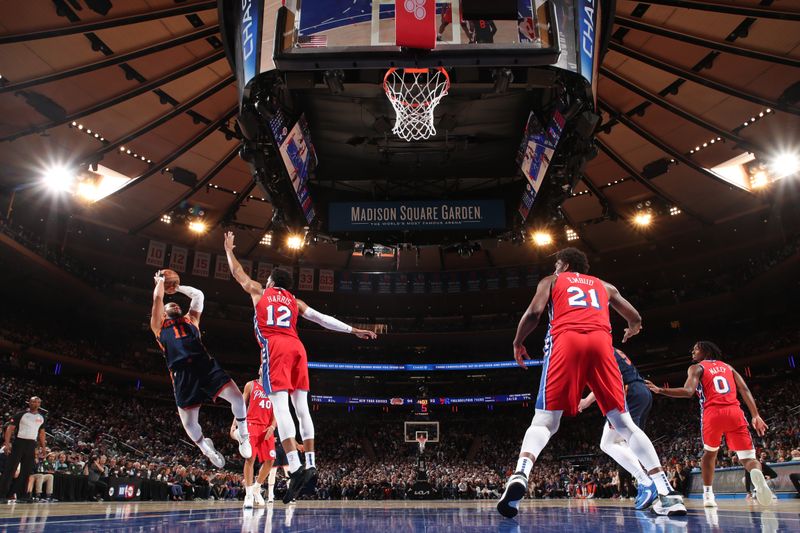 NEW YORK, NY - APRIL 22:  Jalen Brunson #11 of the New York Knicks goes to the basket during the game against the Philadelphia 76ers during Round 1 Game 2 of the 2024 NBA Playoffs on April 22, 2024 at Madison Square Garden in New York City, New York.  NOTE TO USER: User expressly acknowledges and agrees that, by downloading and or using this photograph, User is consenting to the terms and conditions of the Getty Images License Agreement. Mandatory Copyright Notice: Copyright 2024 NBAE  (Photo by Nathaniel S. Butler/NBAE via Getty Images)