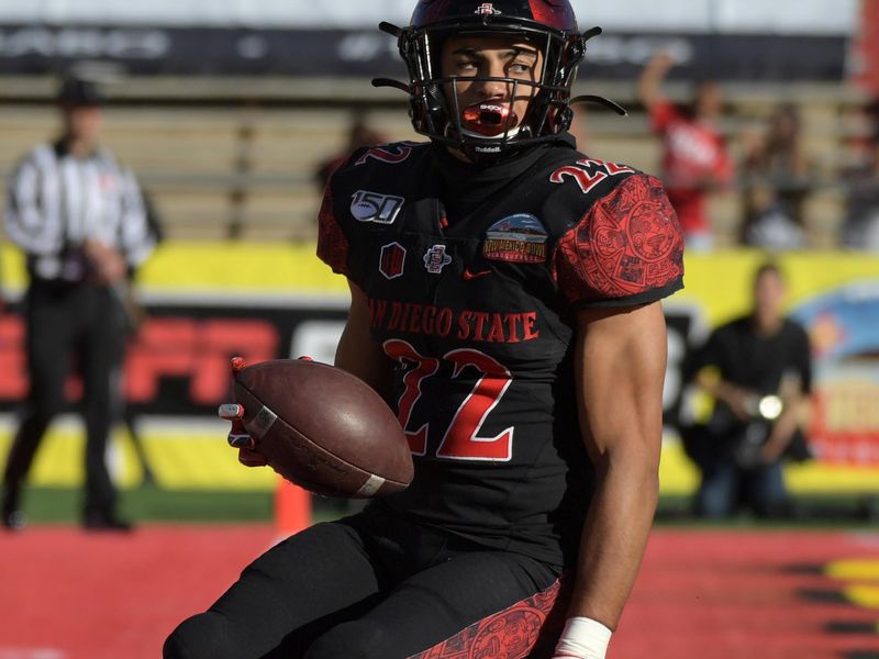 Dec 21, 2019; Albuquerque, New Mexico, USA; San Diego State Aztecs running back Chase Jasmin (22) celebrates after scoring on a 2-yard touchdown run in the third quarter against the Central Michigan Chippewas during the New Mexico Bowl at Dreamstyle Stadium. San Diego State defeated Central Michigan 48-11.  Mandatory Credit: Kirby Lee-USA TODAY Sports