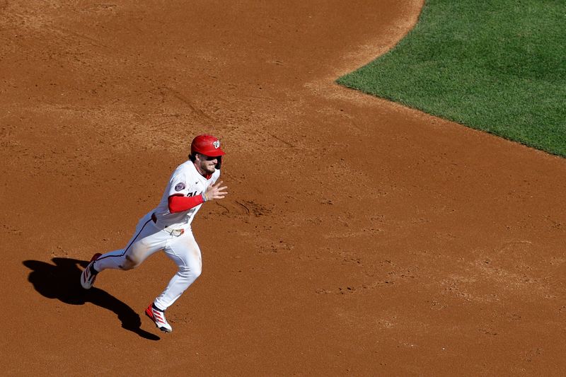 Apr 28, 2025; Washington, District of Columbia, USA; Washington Nationals outfielder Dylan Crews (3) advances to third base on a single by Nationals outfielder Alex Call (not pictured) against the New York Mets during the second inning at Nationals Park. Mandatory Credit: Geoff Burke-Imagn Images