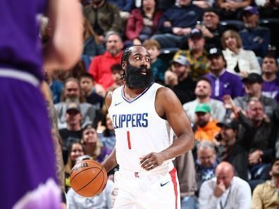 SALT LAKE CITY, UT - DECEMBER 8: James Harden #1 of the LA Clippers dribbles the ball during the game against the Utah Jazz on December 8, 2023 at vivint.SmartHome Arena in Salt Lake City, Utah. NOTE TO USER: User expressly acknowledges and agrees that, by downloading and or using this Photograph, User is consenting to the terms and conditions of the Getty Images License Agreement. Mandatory Copyright Notice: Copyright 2023 NBAE (Photo by Melissa Majchrzak/NBAE via Getty Images)