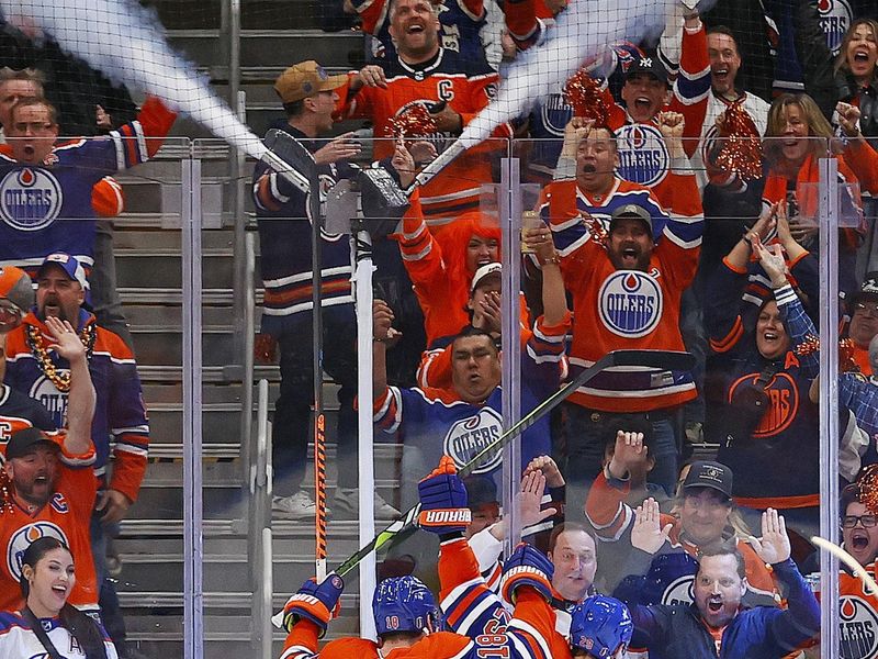 May 1, 2024; Edmonton, Alberta, CAN; The Edmonton Oilers celebrate a goal scored by forward Leon Draisaitl (29) during the second period against the Los Angeles Kings in game five of the first round of the 2024 Stanley Cup Playoffs at Rogers Place. Mandatory Credit: Perry Nelson-USA TODAY Sports