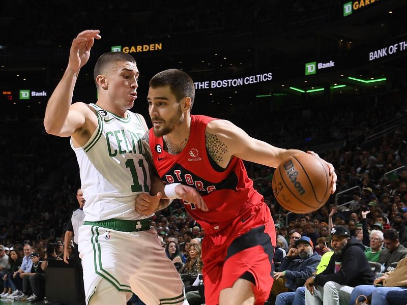 BOSTON, MA - OCTOBER 5: Juancho Hernangomez #41 of the Toronto Raptors drives to the basket during the game against the Boston Celtics on October 5, 2022 at the TD Garden in Boston, Massachusetts.  NOTE TO USER: User expressly acknowledges and agrees that, by downloading and or using this photograph, User is consenting to the terms and conditions of the Getty Images License Agreement. Mandatory Copyright Notice: Copyright 2022 NBAE  (Photo by Brian Babineau/NBAE via Getty Images)