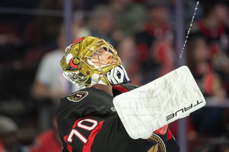 Nov 27 2023; Ottawa, Ontario, CAN; Ottawa Senators goalie Joonas Korpisalo (70) prior to the start of the second period against the Florida Panthers at the Canadian Tire Centre. Mandatory Credit: Marc DesRosiers-USA TODAY Sports