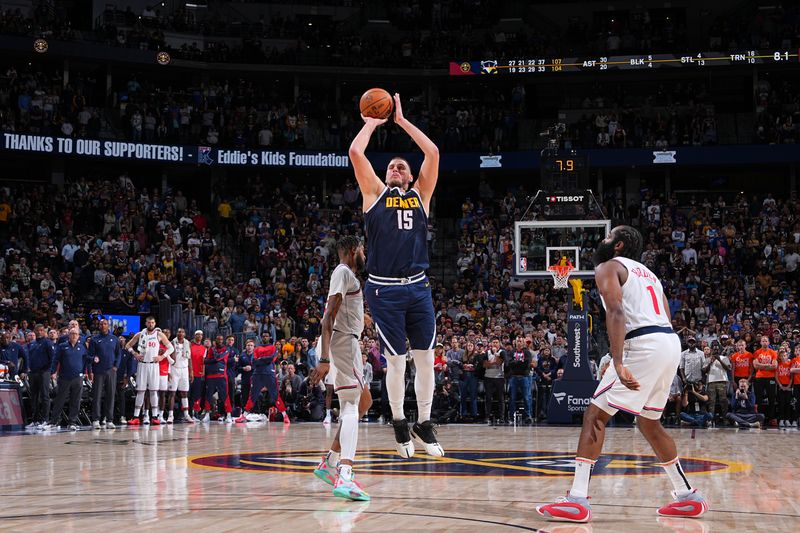 DENVER, CO - OCTOBER 26: Nikola Jokic #15 of the Denver Nuggets shoots the ball during the game against the LA Clippers on October 26, 2024 at the Ball Arena in Denver, Colorado. NOTE TO USER: User expressly acknowledges and agrees that, by downloading and/or using this Photograph, user is consenting to the terms and conditions of the Getty Images License Agreement. Mandatory Copyright Notice: Copyright 2024 NBAE (Photo by Garrett Ellwood/NBAE via Getty Images)