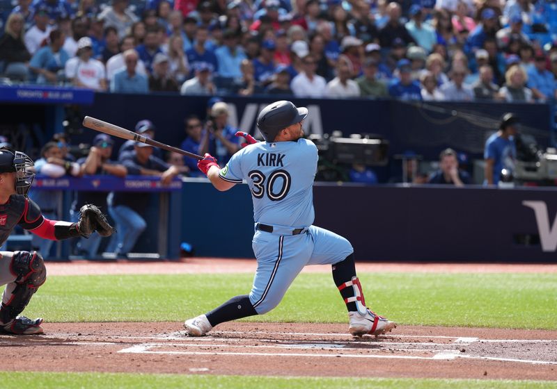 Aug 30, 2023; Toronto, Ontario, CAN; Toronto Blue Jays catcher Alejandro Kirk (30) hits a two run double against the Washington Nationals during the first inning at Rogers Centre. Mandatory Credit: Nick Turchiaro-USA TODAY Sports