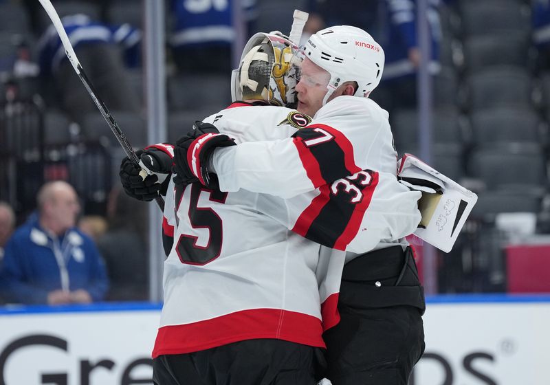 Apr 29, 2025; Toronto, Ontario, CAN; Ottawa Senators left wing Brady Tkachuk (7) embraces goaltender Linus Ullmark (35) after defeating the Toronto Maple Leafs during game five of the first round of the 2025 Stanley Cup Playoffs at Scotiabank Arena. Mandatory Credit: Nick Turchiaro-Imagn Images