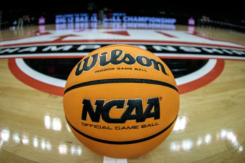 Mar 8, 2023; Kansas City, MO, USA; Basketball sits on the court prior to the game between the Texas Tech Red Raiders and the West Virginia Mountaineers at T-Mobile Center. Mandatory Credit: William Purnell-USA TODAY Sports