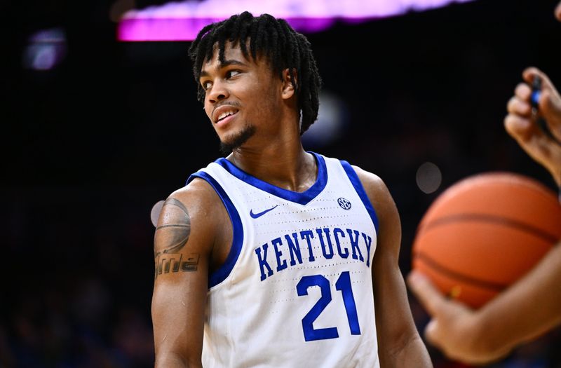 Dec 9, 2023; Philadelphia, Pennsylvania, USA; Kentucky Wildcats guard D.J. Wagner (21) looks on in the second half against the Penn Quakers at Wells Fargo Center. Mandatory Credit: Kyle Ross-USA TODAY Sports