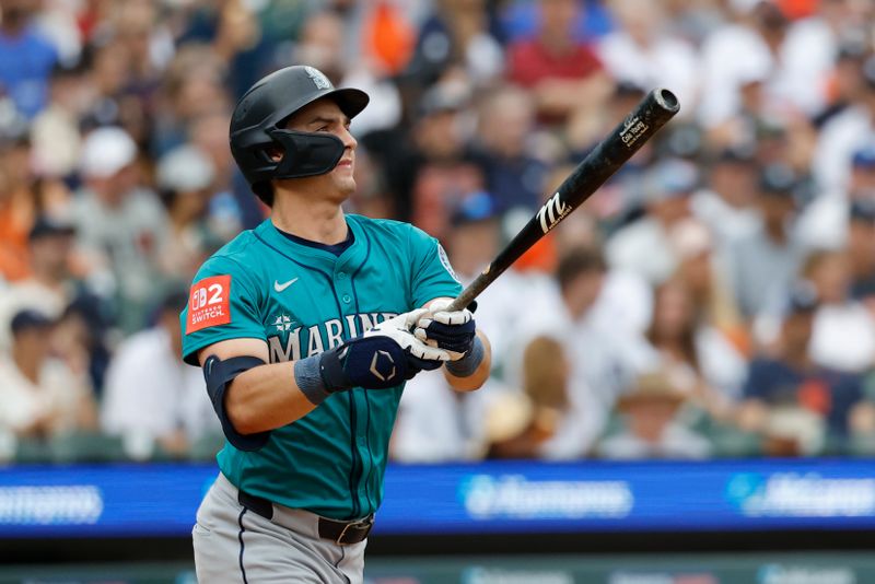 Jul 12, 2025; Detroit, Michigan, USA; Seattle Mariners second baseman Cole Young (2) hits a double in the third inning against the Detroit Tigers at Comerica Park. Mandatory Credit: Rick Osentoski-Imagn Images