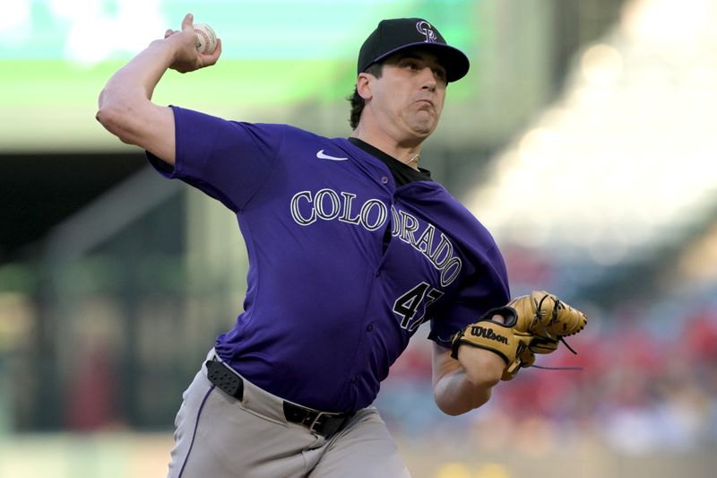 Jul 30, 2024; Anaheim, California, USA;  Colorado Rockies starting pitcher Cal Quantrill (47) delivers to the plate in the first inning against the Los Angeles Angels at Angel Stadium. Mandatory Credit: Jayne Kamin-Oncea-USA TODAY Sports