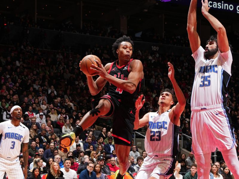 TORONTO, CANADA - JANUARY 3: Scottie Barnes #4 of the Toronto Raptors looks to pass the ball during the game against the Orlando Magic on January 3, 2025 at the Scotiabank Arena in Toronto, Ontario, Canada.  NOTE TO USER: User expressly acknowledges and agrees that, by downloading and or using this Photograph, user is consenting to the terms and conditions of the Getty Images License Agreement.  Mandatory Copyright Notice: Copyright 2025 NBAE(Photo by Mark Blinch/NBAE via Getty Images)