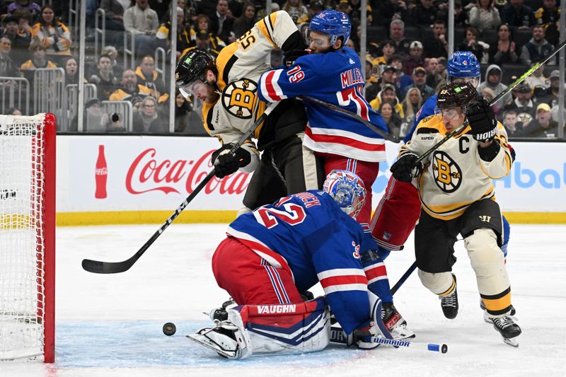 Mar 21, 2024; Boston, Massachusetts, USA; Boston Bruins right wing Justin Brazeau (55) scores a goal against New York Rangers goaltender Jonathan Quick (32) during the third period at the TD Garden. Mandatory Credit: Brian Fluharty-USA TODAY Sports