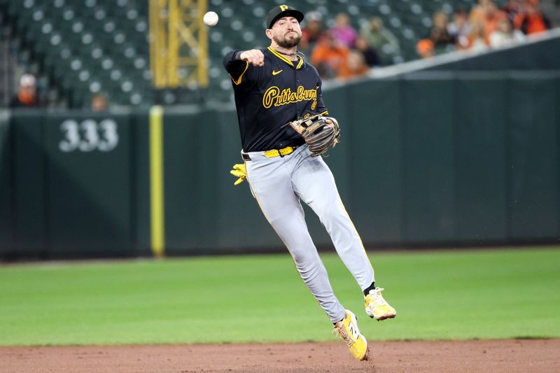 Sep 10, 2025; Baltimore, Maryland, USA; Pittsburgh Pirates shortstop Jared Triolo (19) throws to first for an out during the third inning against the Baltimore Orioles at Oriole Park at Camden Yards. Mandatory Credit: Daniel Kucin Jr.-Imagn Images