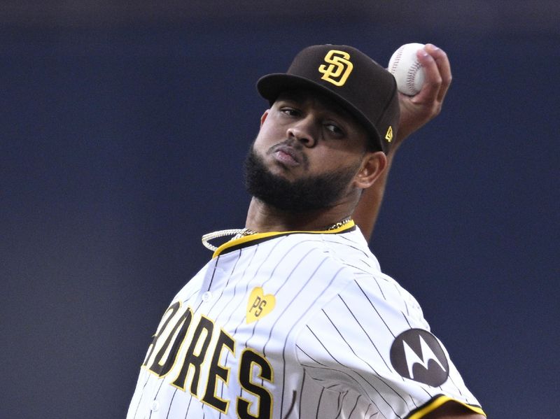 May 13, 2024; San Diego, California, USA; San Diego Padres starting pitcher Randy Vasquez (98) throws a pitch against the Colorado Rockies during the first inning at Petco Park. Mandatory Credit: Orlando Ramirez-USA TODAY Sports