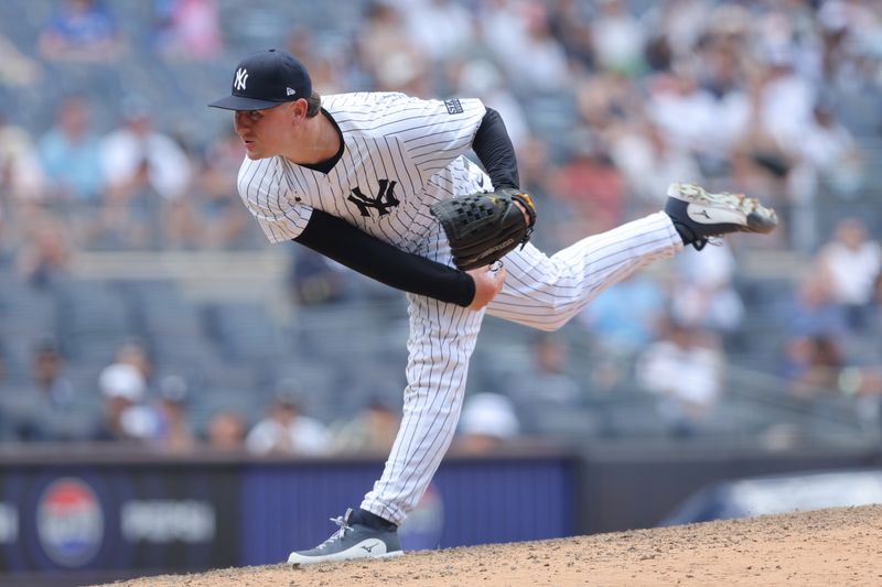 Aug 3, 2024; Bronx, New York, USA; New York Yankees relief pitcher Mark Leiter Jr. (38) follows through on a pitch against the Toronto Blue Jays during the ninth inning at Yankee Stadium. Mandatory Credit: Brad Penner-USA TODAY Sports