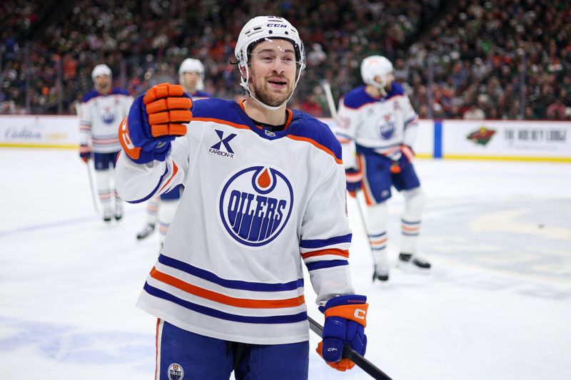 Dec 20, 2025; Saint Paul, Minnesota, USA; Edmonton Oilers left wing Andrew Mangiapane (88) celebrates his goal against the Minnesota Wild during the first period at Grand Casino Arena. Mandatory Credit: Matt Krohn-Imagn Images