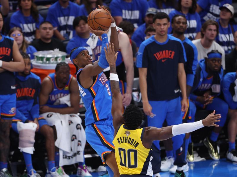 OKLAHOMA CITY, OK - JUNE 8: Shai Gilgeous-Alexander #2 of the Oklahoma City Thunder shoots the ball during the game against the Indiana Pacers during Game 2 of the 2025 NBA Finals on June 8, 2025 at Paycom Center in Oklahoma City, Oklahoma. NOTE TO USER: User expressly acknowledges and agrees that, by downloading and or using this photograph, User is consenting to the terms and conditions of the Getty Images License Agreement. Mandatory Copyright Notice: Copyright 2025 NBAE (Photo by Joe Murphy/NBAE via Getty Images)