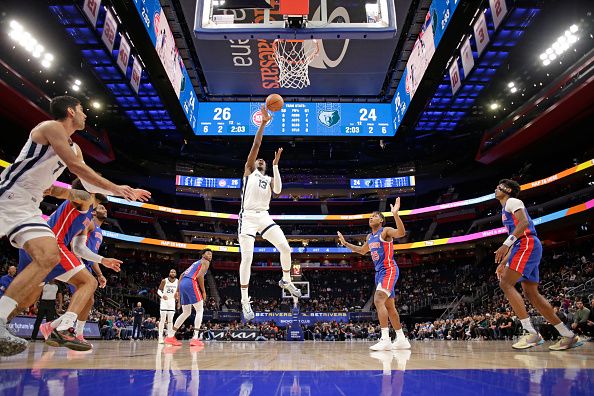 DETROIT, MI - DECEMBER 6: Jaren Jackson Jr. #13 of the Memphis Grizzlies shoots the ball during the game against the Detroit Pistons on December 6, 2023 at Little Caesars Arena in Detroit, Michigan. NOTE TO USER: User expressly acknowledges and agrees that, by downloading and/or using this photograph, User is consenting to the terms and conditions of the Getty Images License Agreement. Mandatory Copyright Notice: Copyright 2023 NBAE (Photo by Brian Sevald/NBAE via Getty Images)