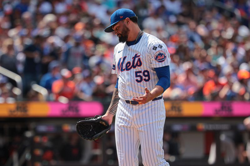 Aug 21, 2024; New York City, New York, USA; New York Mets starting pitcher Sean Manaea (59) reacts after walking off the field after the top of the sixth inning  against the Baltimore Orioles at Citi Field. Mandatory Credit: Vincent Carchietta-USA TODAY Sports