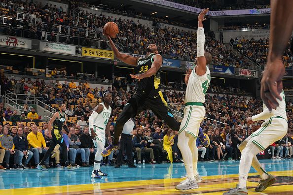 INDIANAPOLIS, IN - DECEMBER 4: Myles Turner #33 of the Indiana Pacers drives to the basket during the game against the Boston Celtics during the quarterfinals of the In-Season Tournament on December 4, 2023 at Gainbridge Fieldhouse in Indianapolis, Indiana. NOTE TO USER: User expressly acknowledges and agrees that, by downloading and or using this Photograph, user is consenting to the terms and conditions of the Getty Images License Agreement. Mandatory Copyright Notice: Copyright 2023 NBAE (Photo by Jesse D. Garrabrant/NBAE via Getty Images)