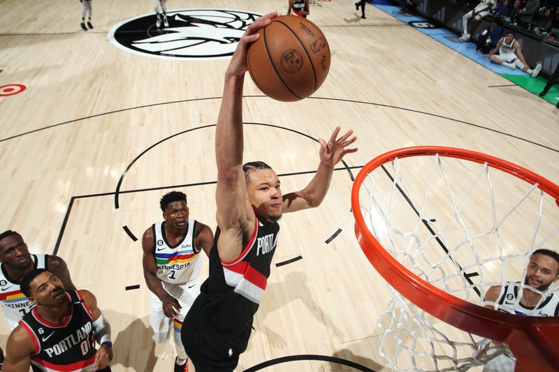 MINNEAPOLIS, MN -  APRIL 2: Kevin Knox II #11 of the Portland Trail Blazers drives to the basket during the game against the Minnesota Timberwolves on April 2, 2023 at Target Center in Minneapolis, Minnesota. NOTE TO USER: User expressly acknowledges and agrees that, by downloading and or using this Photograph, user is consenting to the terms and conditions of the Getty Images License Agreement. Mandatory Copyright Notice: Copyright 2023 NBAE (Photo by Jordan Johnson/NBAE via Getty Images)