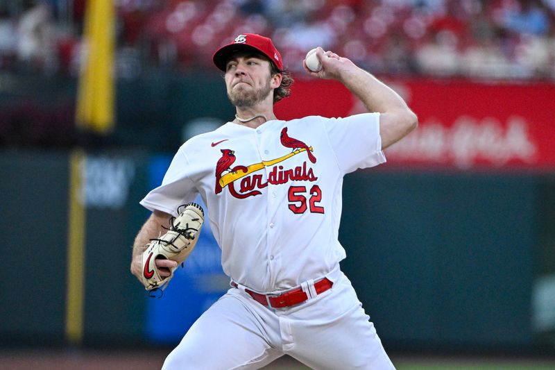 Aug 16, 2023; St. Louis, Missouri, USA;  St. Louis Cardinals starting pitcher Matthew Liberatore (52) pitches against the Oakland Athletics during the fifth inning at Busch Stadium. Mandatory Credit: Jeff Curry-USA TODAY Sports