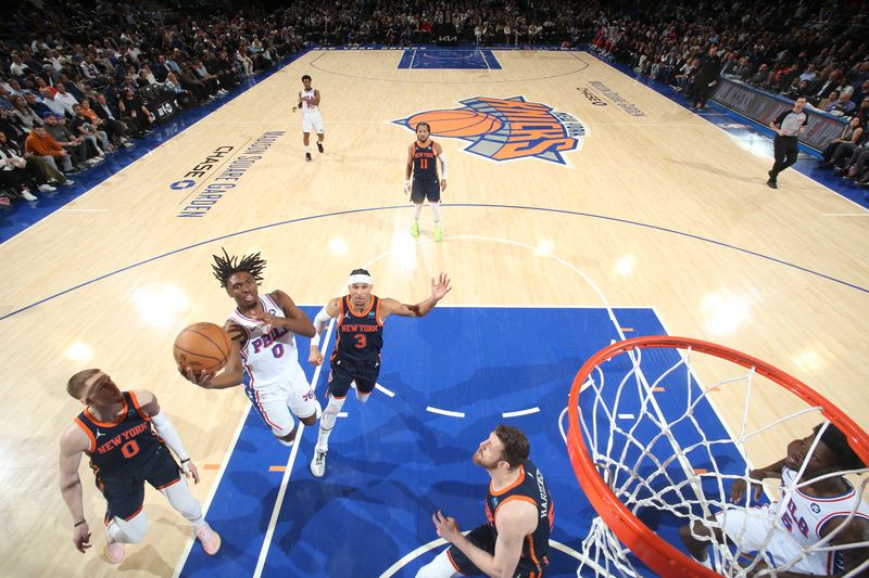 NEW YORK, NY - MARCH 12:  Tyrese Maxey #0 of the Philadelphia 76ers drives to the basket during the game against the New York Knicks on March 12, 2024 at Madison Square Garden in New York City, New York.  NOTE TO USER: User expressly acknowledges and agrees that, by downloading and or using this photograph, User is consenting to the terms and conditions of the Getty Images License Agreement. Mandatory Copyright Notice: Copyright 2024 NBAE  (Photo by Nathaniel S. Butler/NBAE via Getty Images)