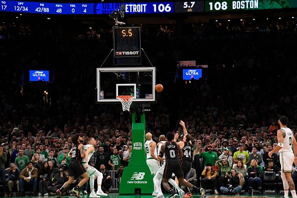 BOSTON, MA - DECEMBER 28: Saddiq Bey #41 of the Detroit Pistons makes the game tying shot during the game against the Boston Celtics on December 28, 2023 at the TD Garden in Boston, Massachusetts. NOTE TO USER: User expressly acknowledges and agrees that, by downloading and or using this photograph, User is consenting to the terms and conditions of the Getty Images License Agreement. Mandatory Copyright Notice: Copyright 2023 NBAE  (Photo by Brian Babineau/NBAE via Getty Images)