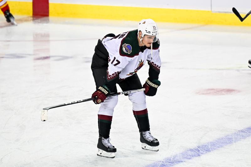 Jan 16, 2024; Calgary, Alberta, CAN;  Arizona Coyotes center Nick Bjugstad (17) warms up prior to a game against the Calgary Flames at Scotiabank Saddledome. Mandatory Credit: Brett Holmes-USA TODAY Sports