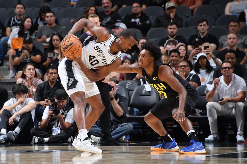 SAN ANTONIO, TX - OCTOBER 12: Collin Sexton #2 of the Utah Jazz plays defense during the game against the San Antonio Spurs during a NBA preseason game on October 12, 2024 at the Frost Bank Center in San Antonio, Texas. NOTE TO USER: User expressly acknowledges and agrees that, by downloading and or using this photograph, user is consenting to the terms and conditions of the Getty Images License Agreement. Mandatory Copyright Notice: Copyright 2024 NBAE (Photos by Michael Gonzales/NBAE via Getty Images)