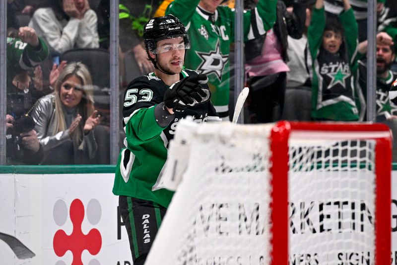 Feb 28, 2026; Dallas, Texas, USA; Dallas Stars center Wyatt Johnston (53) celebrates scoring a power play goal against the Nashville Predators during the second period at the American Airlines Center. Mandatory Credit: Jerome Miron-Imagn Images