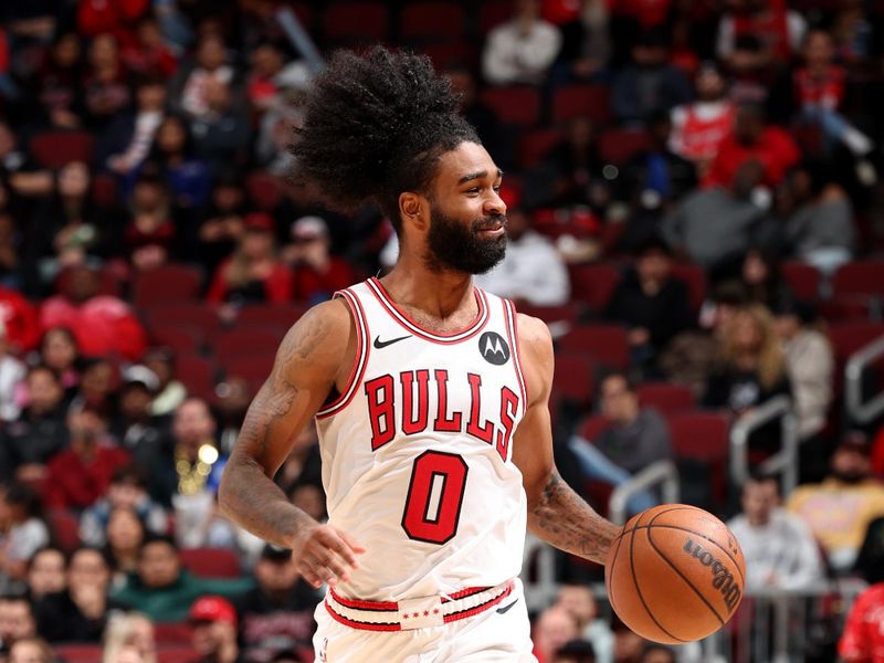 CHICAGO, IL - OCTOBER 19: Coby White #0 of the Chicago Bulls dribbles the ball during the game against the Minnesota Timberwolves on October 19, 2023 at United Center in Chicago, Illinois. NOTE TO USER: User expressly acknowledges and agrees that, by downloading and or using this photograph, User is consenting to the terms and conditions of the Getty Images License Agreement. Mandatory Copyright Notice: Copyright 2023 NBAE (Photo by Jeff Haynes/NBAE via Getty Images)