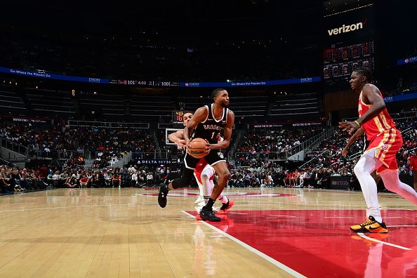 ATLANTA, GA - DECEMBER 6: Mikal Bridges #1 of the Brooklyn Nets drives to the basket during the game against the Atlanta Hawks on December 6, 2023 at State Farm Arena in Atlanta, Georgia.  NOTE TO USER: User expressly acknowledges and agrees that, by downloading and/or using this Photograph, user is consenting to the terms and conditions of the Getty Images License Agreement. Mandatory Copyright Notice: Copyright 2023 NBAE (Photo by Scott Cunningham/NBAE via Getty Images)