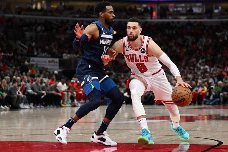 CHICAGO, ILLINOIS - MARCH 17: Zach LaVine #8 of the Chicago Bulls against Mike Conley #10 of the Minnesota Timberwolves at United Center on March 17, 2023 in Chicago, Illinois.  NOTE TO USER: User expressly acknowledges and agrees that, by downloading and or using this photograph, User is consenting to the terms and conditions of the Getty Images License Agreement.  (Photo by Quinn Harris/Getty Images)