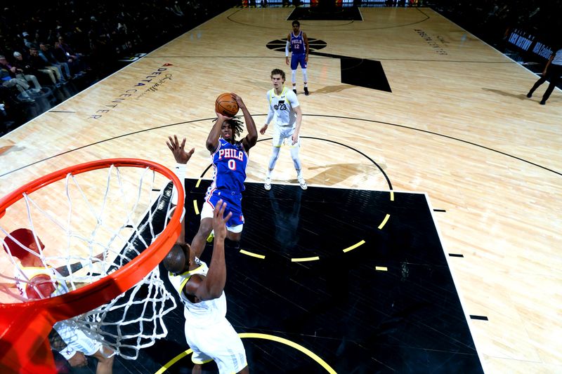 SALT LAKE CITY, UT - FEBRUARY 1: Tyrese Maxey #0 of the Philadelphia 76ers shoots the ball during the game against the Utah Jazz on February 1, 2024 at Delta Center in Salt Lake City, Utah. NOTE TO USER: User expressly acknowledges and agrees that, by downloading and or using this Photograph, User is consenting to the terms and conditions of the Getty Images License Agreement. Mandatory Copyright Notice: Copyright 2024 NBAE (Photo by Melissa Majchrzak/NBAE via Getty Images)