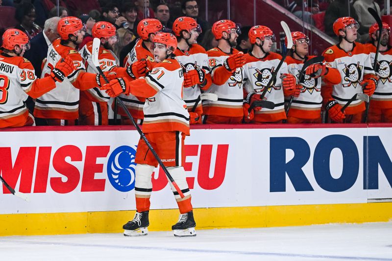 Mar 15, 2026; Montreal, Quebec, CAN; Anaheim Ducks center Leo Carlsson (91) celebrates with his teammates his goal against the Montreal Canadiens during the first period at Bell Centre. Mandatory Credit: David Kirouac-Imagn Images