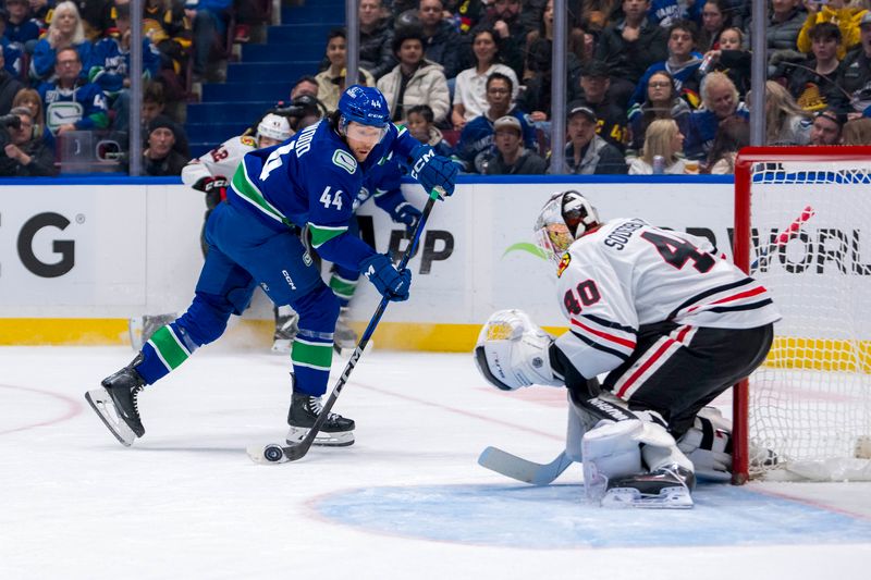 Nov 16, 2024; Vancouver, British Columbia, CAN; Vancouver Canucks forward Kiefer Sherwood (44) shoots on Chicago Blackhawks goalie Arvid Soderblom (40) during the third period at Rogers Arena. Mandatory Credit: Bob Frid-Imagn Images