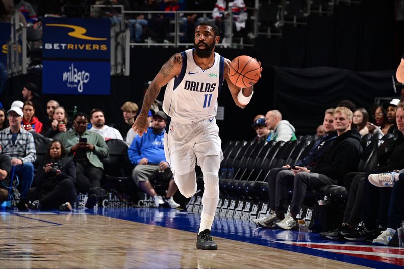 DETROIT, MI - MARCH 9: Kyrie Irving #11 of the Dallas Mavericks dribbles the ball during the game against the Detroit Pistons on March 9, 2024 at Little Caesars Arena in Detroit, Michigan. NOTE TO USER: User expressly acknowledges and agrees that, by downloading and/or using this photograph, User is consenting to the terms and conditions of the Getty Images License Agreement. Mandatory Copyright Notice: Copyright 2024 NBAE (Photo by Chris Schwegler/NBAE via Getty Images)