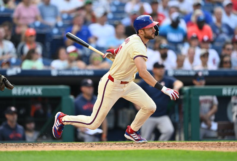 Aug 28, 2024; Philadelphia, Pennsylvania, USA; Philadelphia Phillies shortstop Trea Turner (7) hits a single against the Houston Astros in the eighth inning at Citizens Bank Park. Mandatory Credit: Kyle Ross-USA TODAY Sports