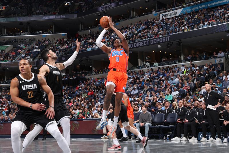 MEMPHIS, TN - MARCH 16: Jalen Williams #8 of the Oklahoma City Thunder shoots the ball during the game  against the Memphis Grizzlies on March 16, 2024 at FedExForum in Memphis, Tennessee. NOTE TO USER: User expressly acknowledges and agrees that, by downloading and or using this photograph, User is consenting to the terms and conditions of the Getty Images License Agreement. Mandatory Copyright Notice: Copyright 2024 NBAE (Photo by Joe Murphy/NBAE via Getty Images)