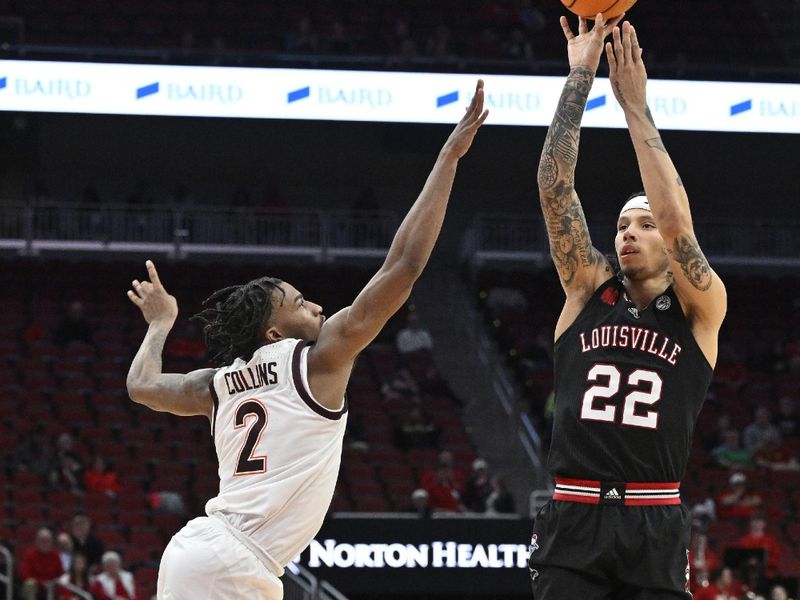 Mar 5, 2024; Louisville, Kentucky, USA; Louisville Cardinals guard Tre White (22) shoots against Virginia Tech Hokies guard MJ Collins (2) during the second half at KFC Yum! Center. Virginia Tech defeated Louisville 80-64. Mandatory Credit: Jamie Rhodes-USA TODAY Sports