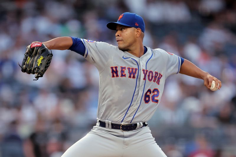 Jul 26, 2023; Bronx, New York, USA; New York Mets starting pitcher Jose Quintana (62) pitches against the New York Yankees during the first inning at Yankee Stadium. Mandatory Credit: Brad Penner-USA TODAY Sports