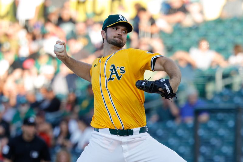 May 20, 2025; West Sacramento, California, USA; Athletics starting pitcher Gunnar Hoglund (53) throws a pitch during the first inning against the Los Angeles Angels at Sutter Health Park. Mandatory Credit: Sergio Estrada-Imagn Images