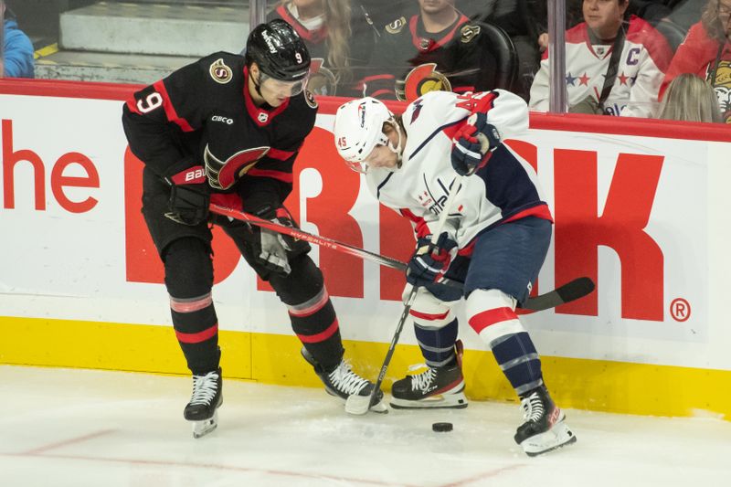 Oct 18, 2023; Ottawa, Ontario, CAN; Ottawa Senators center Josh Norris (9) batles with Washington Capitals right wing Matthew Phillips(45) in the third period at the Canadian Tire Centre. Mandatory Credit: Marc DesRosiers-USA TODAY Sports