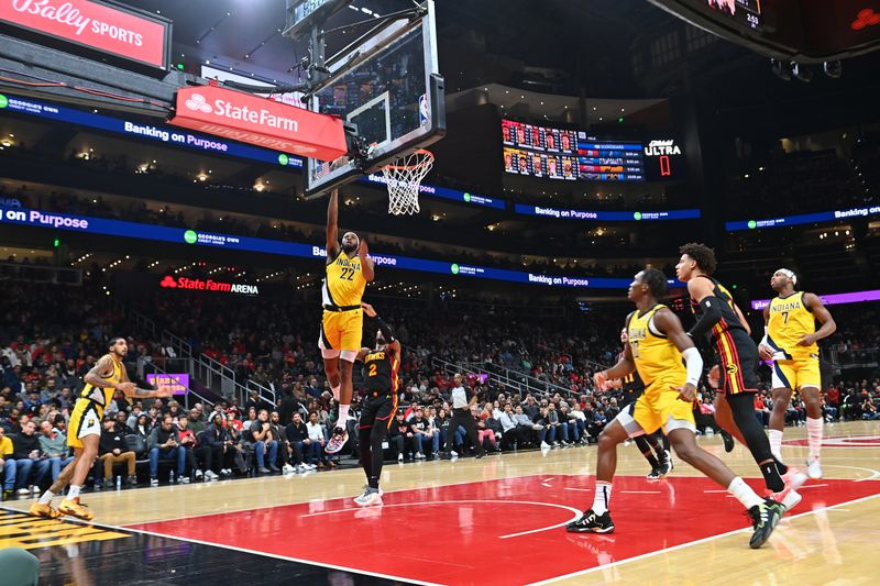 ATLANTA, GEORGIA - JANUARY 12: Isaiah Jackson #22 of the Indiana Pacers shoots the ball during the game against the Atlanta Hawks on January 12, 2024 at State Farm Arena in Atlanta, Georgia. NOTE TO USER: User expressly acknowledges and agrees that, by downloading and or using this photograph, User is consenting to the terms and conditions of the Getty Images License Agreement. (Photo by Paras Griffin/Getty Images)