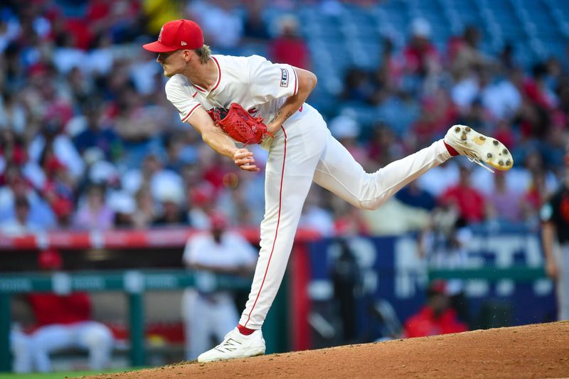 May 10, 2025; Anaheim, California, USA; Los Angeles Angels pitcher Jack Kochanowicz (41) throws against the Baltimore Orioles during the third inning at Angel Stadium. Mandatory Credit: Gary A. Vasquez-Imagn Images