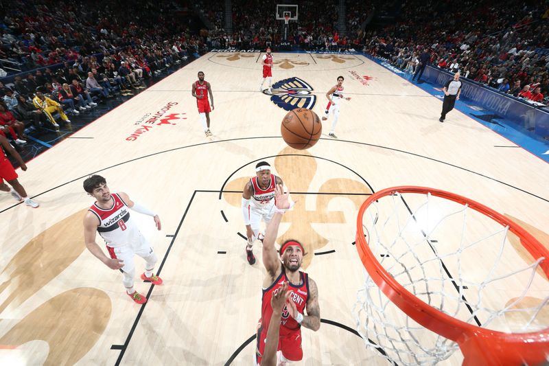 NEW ORLEANS, LA - FEBRUARY 14: Jose Alvarado #15 of the New Orleans Pelicans drives to the basket during the game against the Washington Wizards on February 14, 2024 at the Smoothie King Center in New Orleans, Louisiana. NOTE TO USER: User expressly acknowledges and agrees that, by downloading and or using this Photograph, user is consenting to the terms and conditions of the Getty Images License Agreement. Mandatory Copyright Notice: Copyright 2024 NBAE (Photo by Layne Murdoch Jr./NBAE via Getty Images)